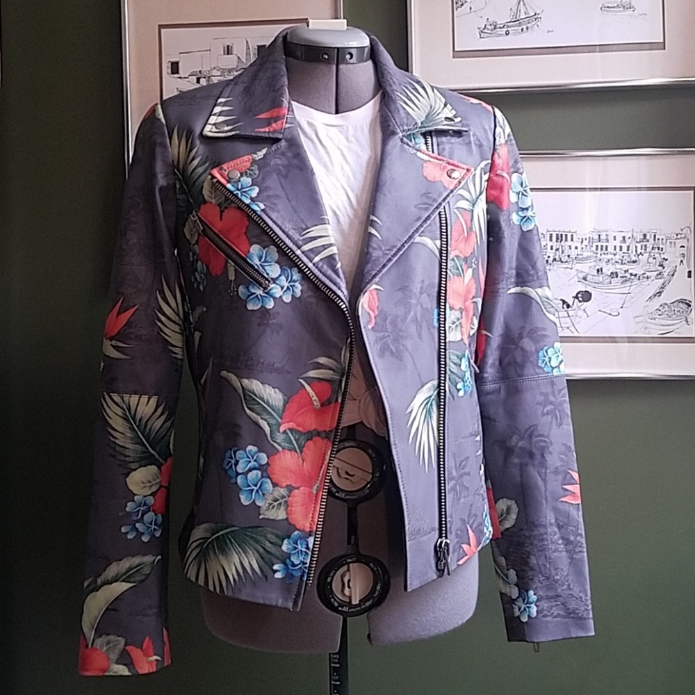 VEDA Tropical Print Leather Jacket